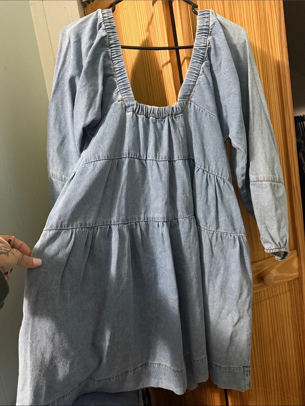 Free People 100% Cotton Blue Lou Jean Babydoll Dress Pockets Balloon Sleeve Sm